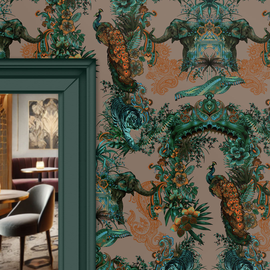 Dramatic Luxury Designer Wallpaper with Indian Pattern in Emerald Green & Salmon Peach