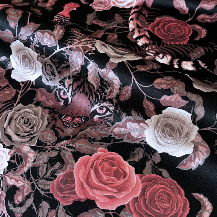 Dusky Pink and Black Dark Floral Tiger Velvet for Furnishings by Designer, Becca Who