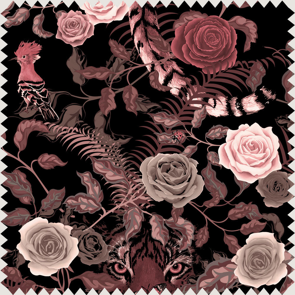 Dusky Pink and Black Floral Tiger Velvet Fabric for Interiors by Designer Becca Who