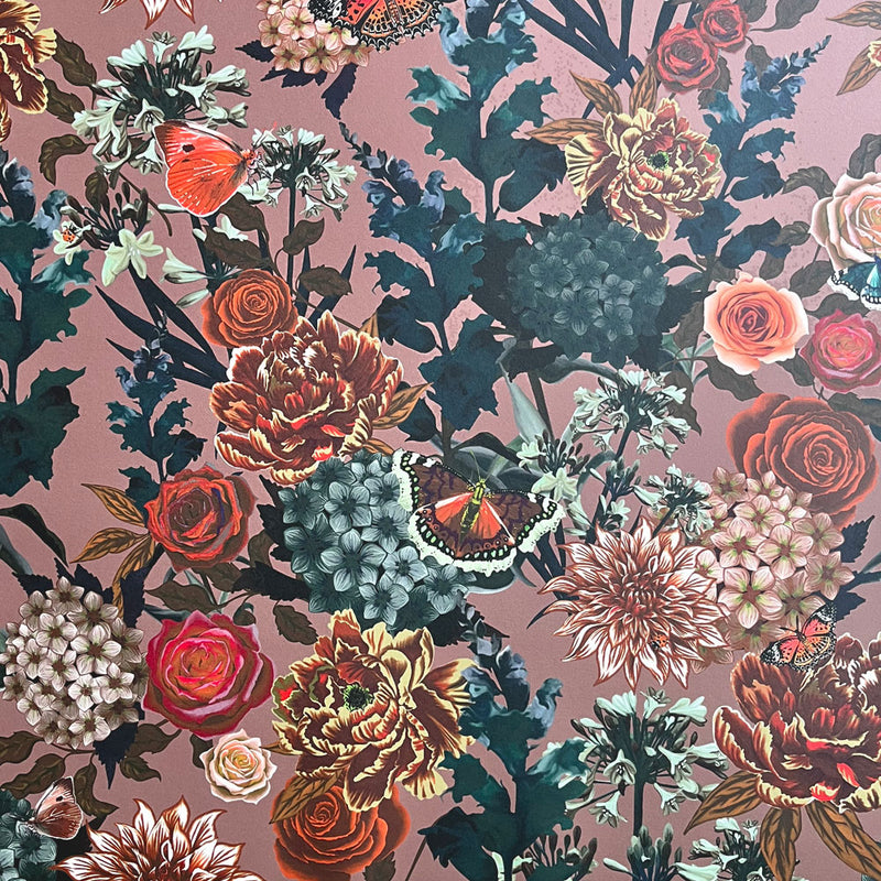 Blush Pink Heavy Floral Vintage Style Wallpaper by British Designer, Becca Who
