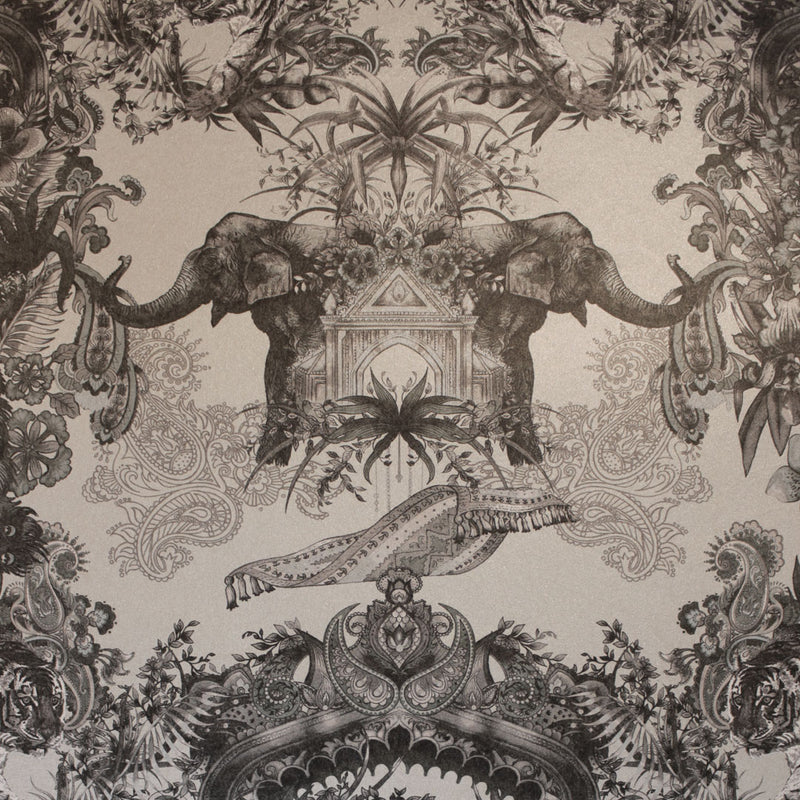 Designer Wallpaper in Antique Silver with Indian Pattern & Wildlife by Becca Who