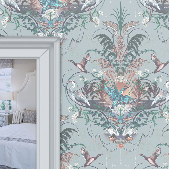 English Countryside Wallpaper in Pale Blue for Luxury Interiors by Designer, Becca Who