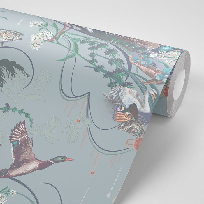 Pale Blue Pastel English Countryside Wallpaper for Luxury Interiors by Designer, Becca Who