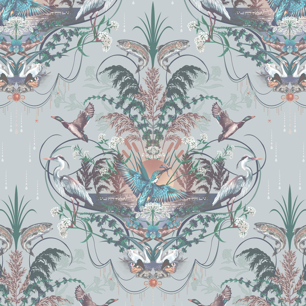 Elegant Light Blue Luxury Wallpaper with British River Wildlife by UK Designer, Becca Who