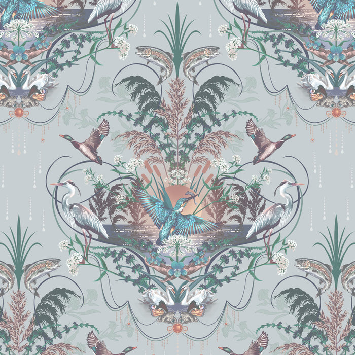 Elegant Light Blue Luxury Wallpaper with British River Wildlife by UK Designer, Becca Who