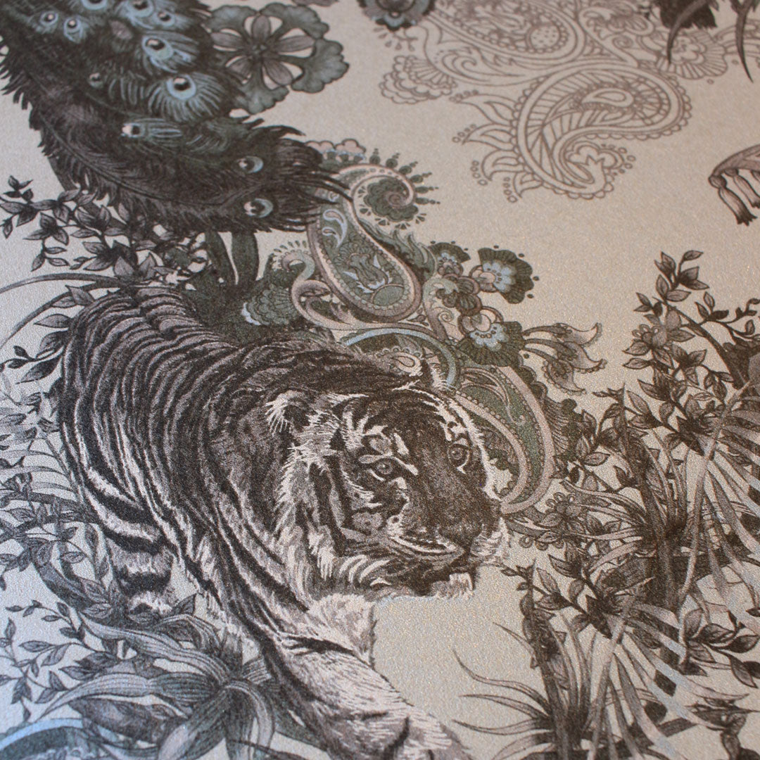 Statement Designer Wallpaper in Antique Silver with Indian Wildlife by Becca Who