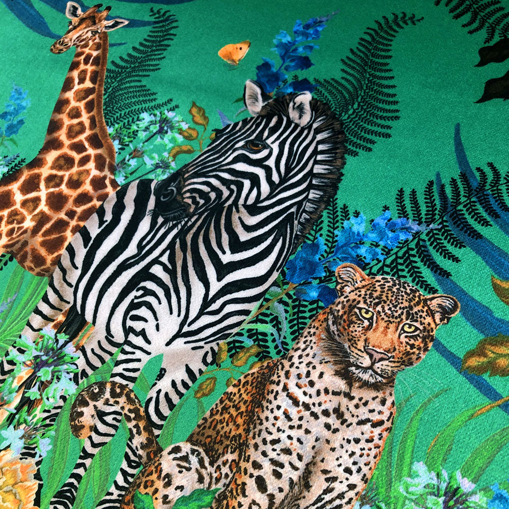 Emerald Green Furnishing Fabric with African Animals by Designer, Becca Who for Upholstery and Curtains
