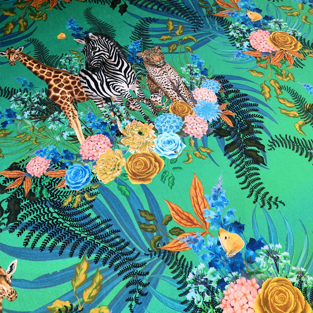 African Animals Velvet Furnishing Fabric in Emerald Green for Colourful Interiors