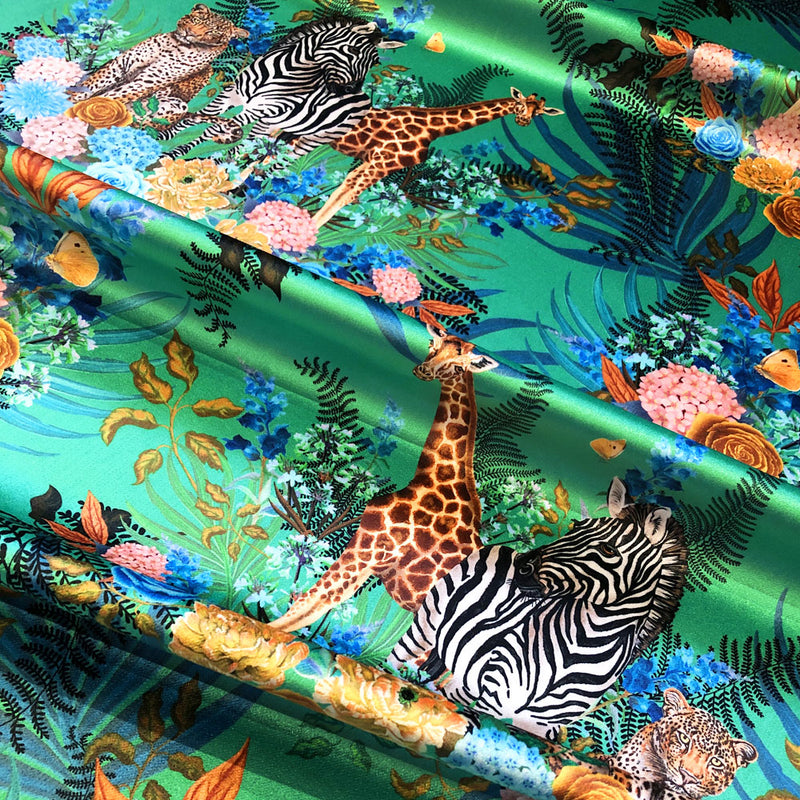 Patterned Emerald Green Velvet Furnishing Fabric with African Animals Print