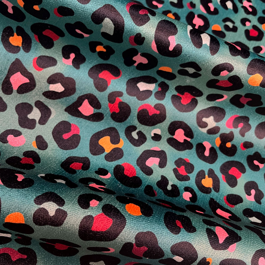 Colourful Green Leopard Print Velvet Furnishing Fabric by Designer, Becca Who