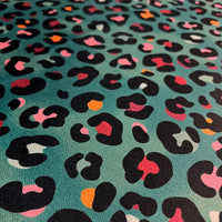 Colourful Leopard Print Velvet Furnishing Fabric in Green by Designer, Becca Who