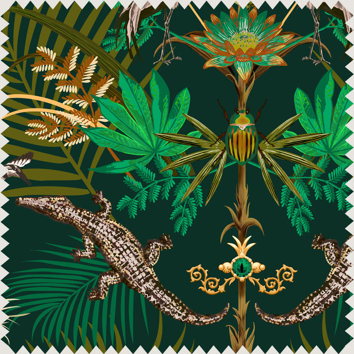 Emerald Green Designer Velvet Fabric for Interiors with Crocodiles by Becca Who