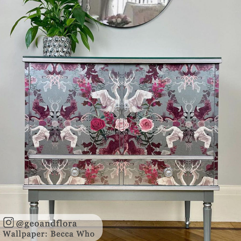 Pink and Grey Swans Wallpaper by Designer, Becca Who, on upcycled cabinet