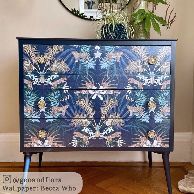 Dark Blue Leopards feature Wallpaper by Designer, Becca Who, on Upcycled Furniture