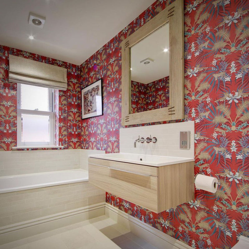 Luxury Red Wallpaper with Leopards by Designer, Becca Who, in bathroom interior