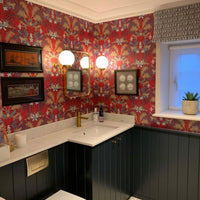Luxury Red Wallpaper with Leopards by Designer, Becca Who, in bathroom