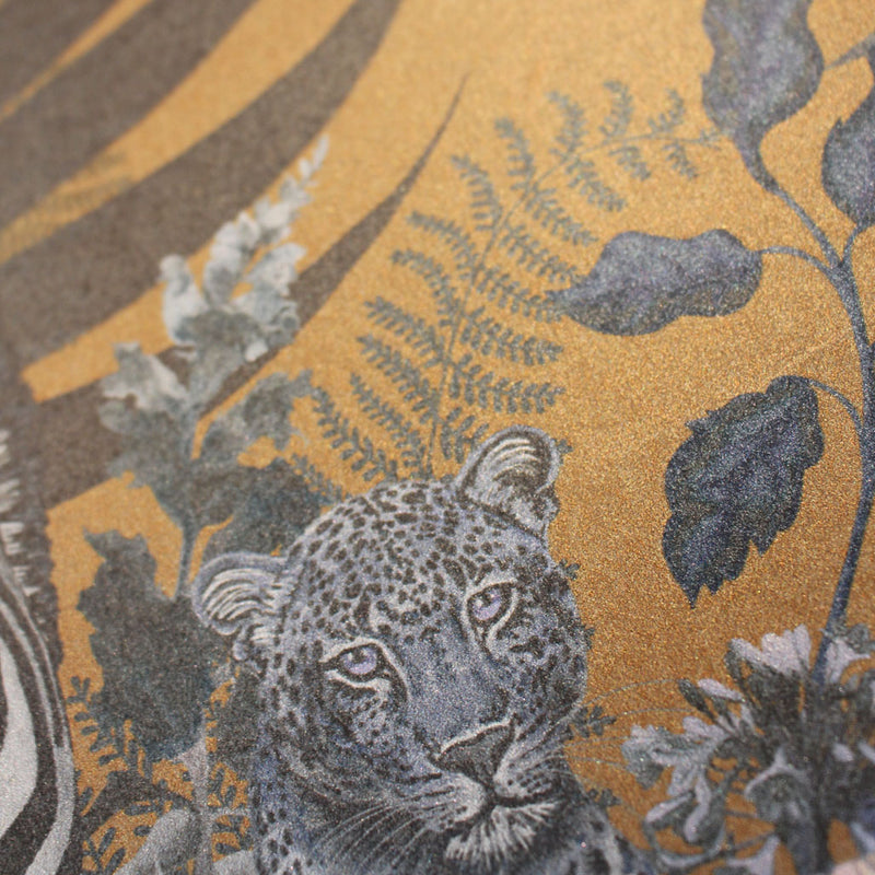 Gold Mustard & Blue African Animals Luxury Designer Wallpaper