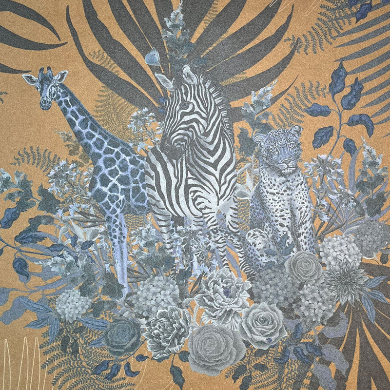 Gold Mustard & Blue African Animals Patterned Luxury Designer Wallpaper