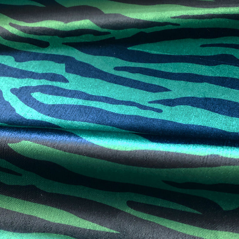 Striped Velvet Furnishing Fabric with Zebra Pattern in Green & Blue 