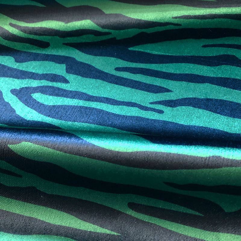 Emerald Green and Blue Zebra Print Striped Furnishing Fabric