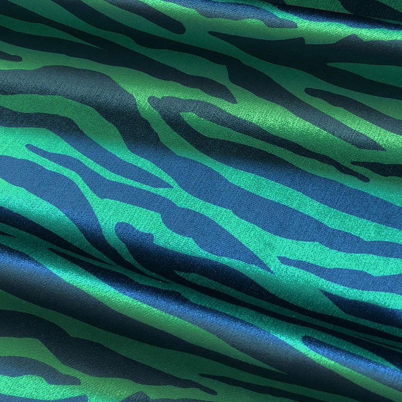 Velvet Upholstery Fabric with Green and Blue Zebra Stripes by Designer, Becca Who