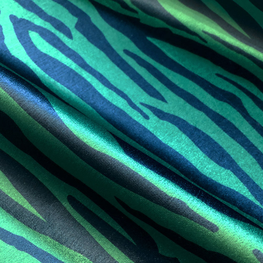 Stylish Upholstery Fabric in Green & Blue with Zebra Stripes by Becca Who
