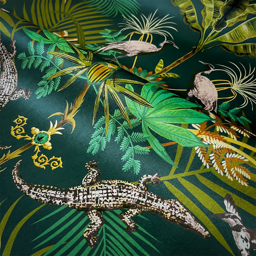 Emerald Green Crocodile Jungle Velvet Fabric for Home Furnishings and Upholstery by UK Designer, Becca Who