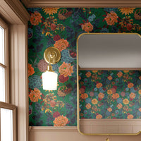 Bold, Colourful Floral Wallpaper on Green by Designer, Becca Who 