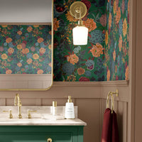 Bold, Colourful Floral Patterned Wallpaper on Green by Designer, Becca Who 
