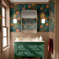 Bold, Colourful Flowers Wallpaper on Green by Designer, Becca Who 