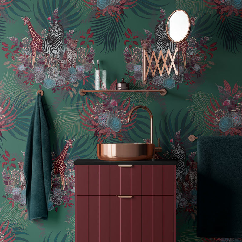 Green Jungle Print Feature Bathroom Wallpaper by Becca Who