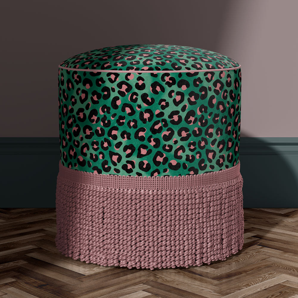 Green Leopard Print Velvet for Upholstery on Footstool by Designer, Becca Who