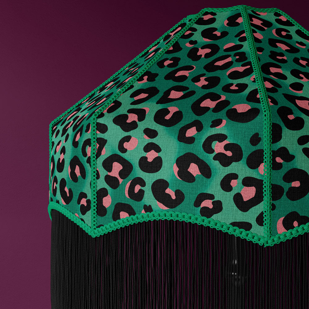 Emerald Green Leopard Print Furnishing Fabric on Lampshade by Designer, Becca Who