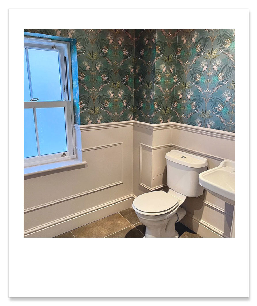 Green Patterned Wallpaper in Bathroom by UK Designer, Becca Who