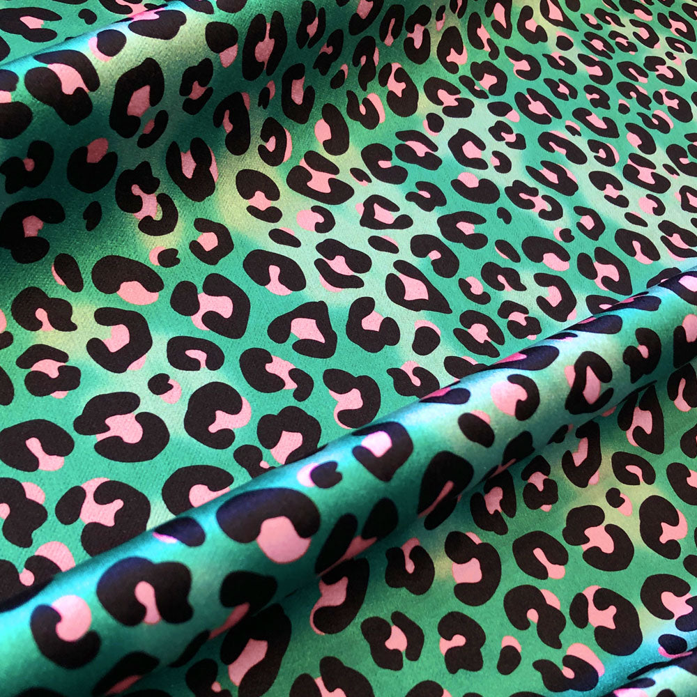 Bold, Colourful Animal Print Fabric with Leopard in Green & Pink by Designer, Becca Who
