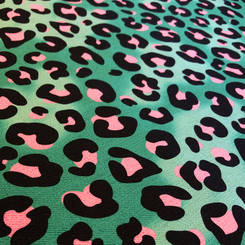 Green and Pink Leopard Print Velvet Furnishing Fabric by Becca Who