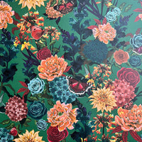 Bold Colourful Floral Luxury Wallpaper on Green by Designer, Becca Who 