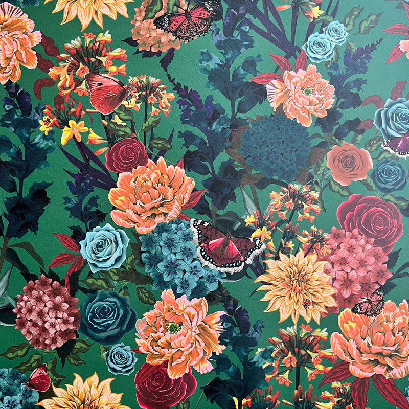 Bold Colourful Floral Luxury Wallpaper on Green by Designer, Becca Who 