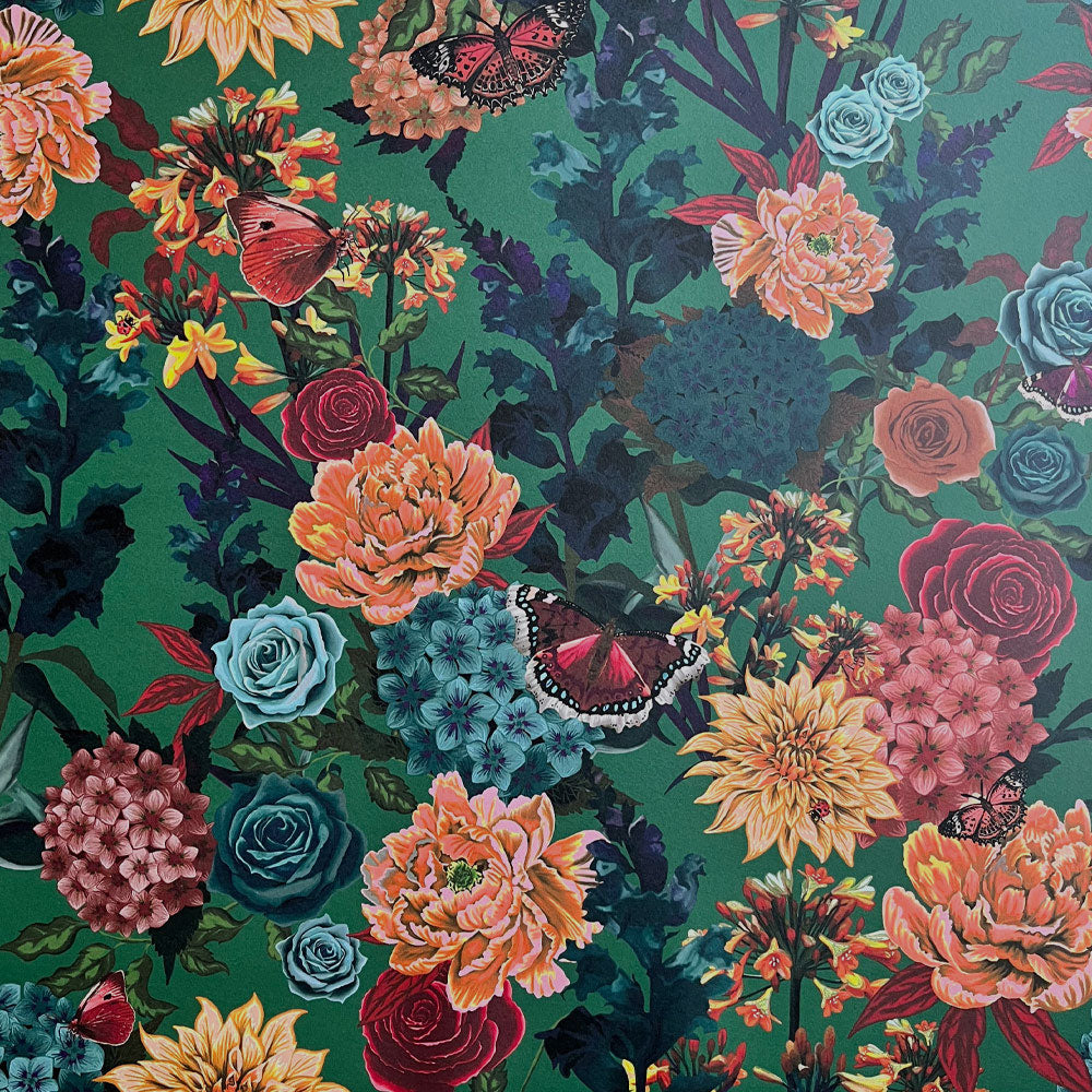 Bold Colourful Floral Luxury Wallpaper on Green by Designer, Becca Who 
