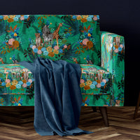 Colourful Emerald Green Patterned Upholstery Fabric on Sofa with African Animals by Designer, Becca Who