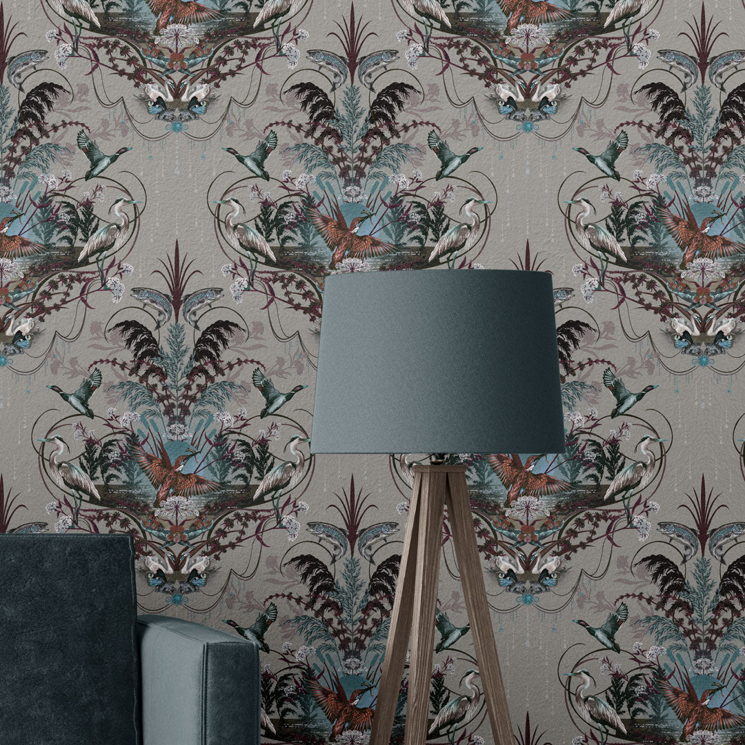 Silver Grey Patterned Luxury Wallpaper of English Riverside by Becca Who