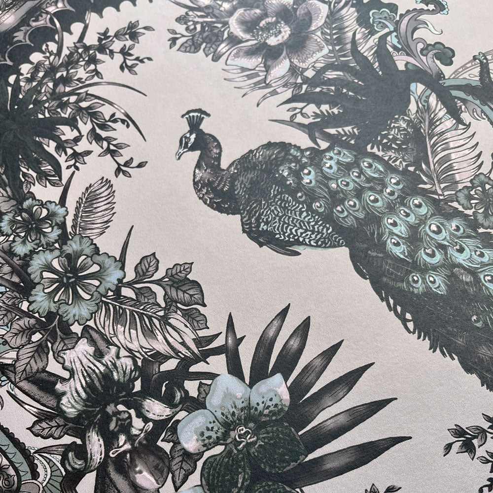 Grey Statement Feature Wallpaper with Indian Pattern by UK Designer Becca Who 