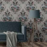 Silver Grey Patterned Wallpaper of English Countryside by Designer, Becca Who