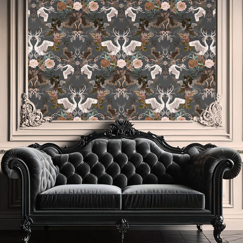 Grey Luxury Patterned Wallpaper with Swans by Designer, Becca Who
