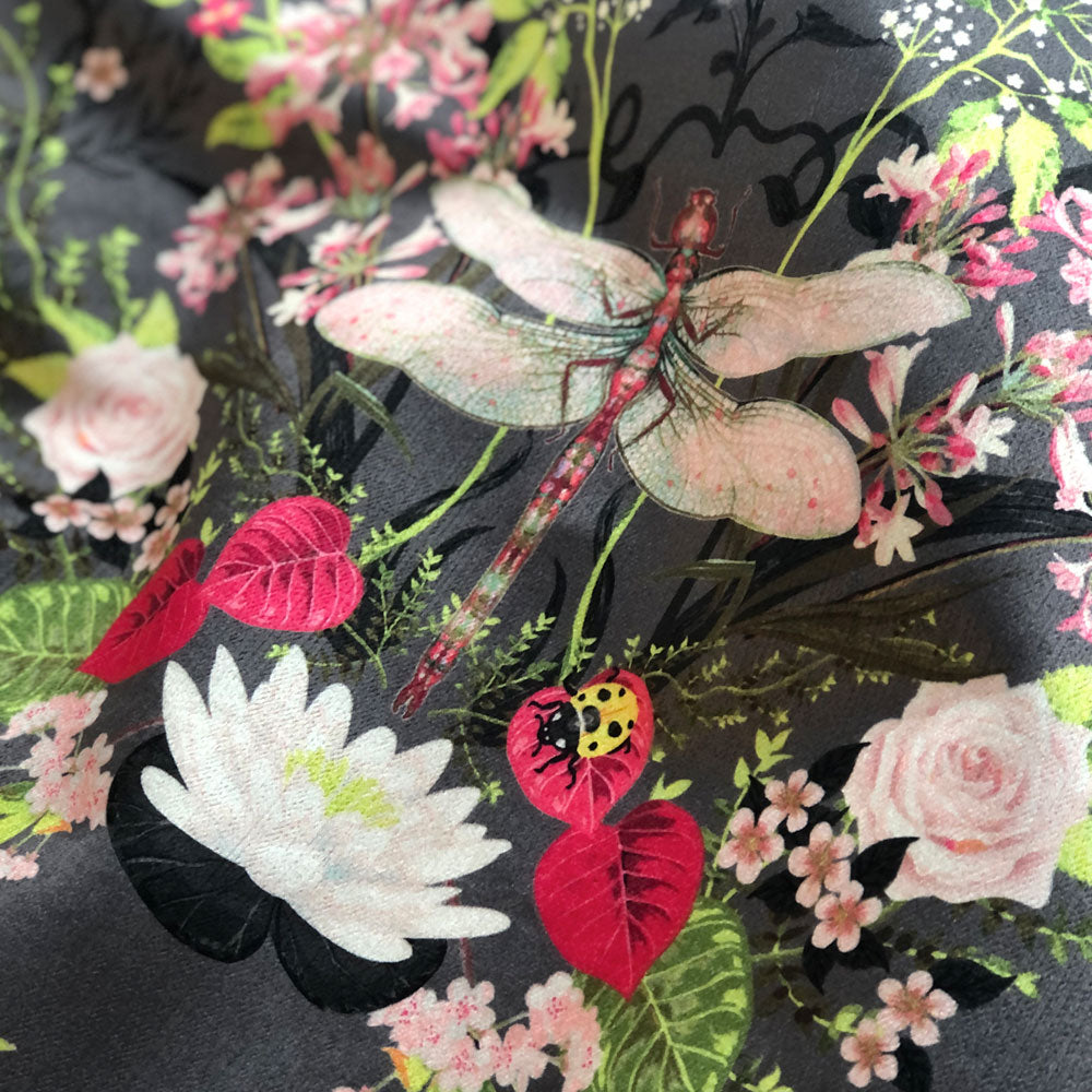 Grey and Pink Floral Dragonfly Patterned Velvet Fabric for Upholstery and Curtains by Designer, Becca Who