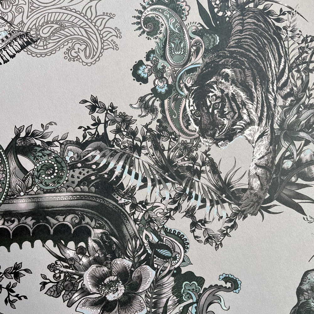 Grey Silver Statement Luxury Wallpaper with Indian Pattern by UK Designer Becca Who 