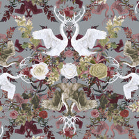 Grey, Claret & Green Swans Pattern Fabric Design by Becca Who