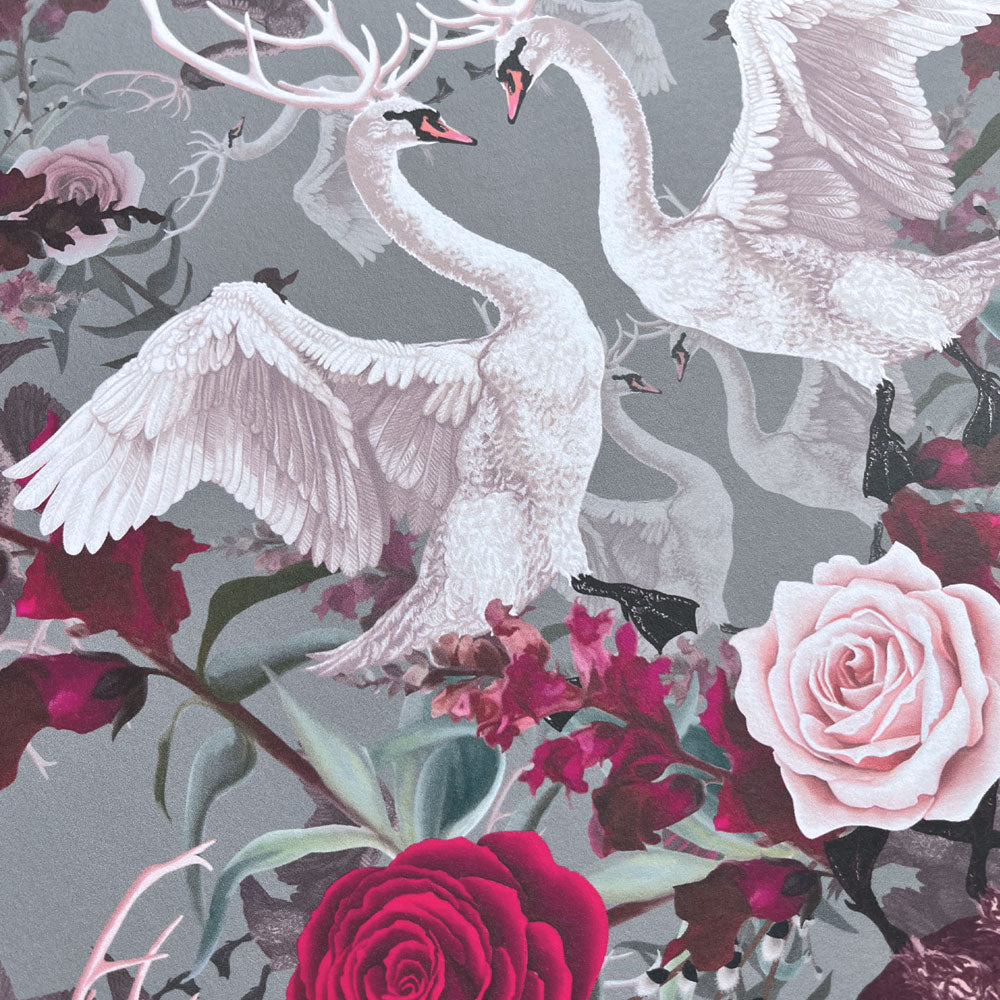 Dramatic Patterned Wallpaper with Swans by Designer, Becca Who