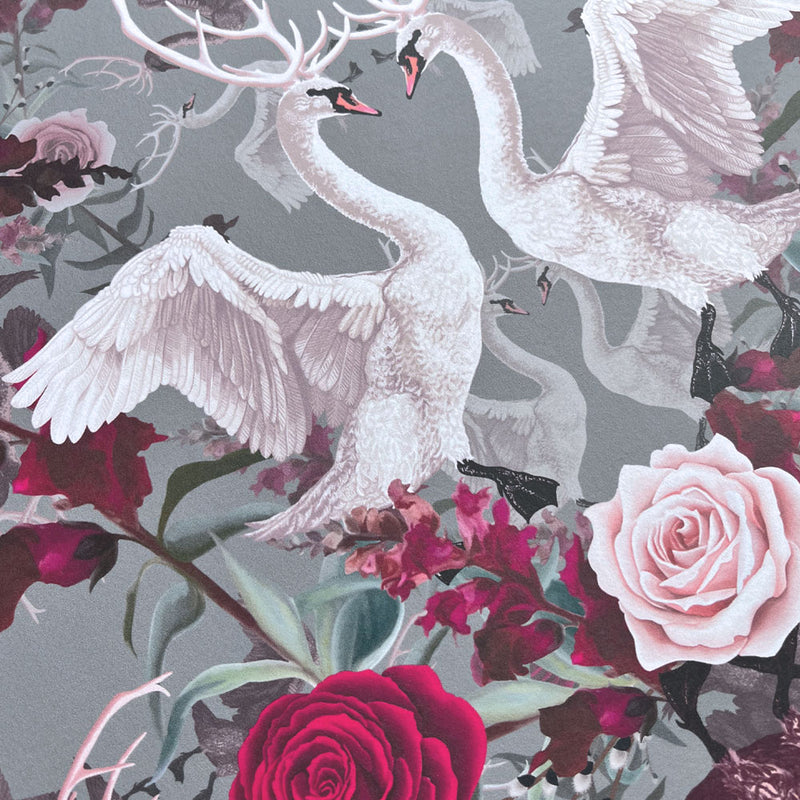 Dramatic Patterned Wallpaper with Swans by Designer, Becca Who