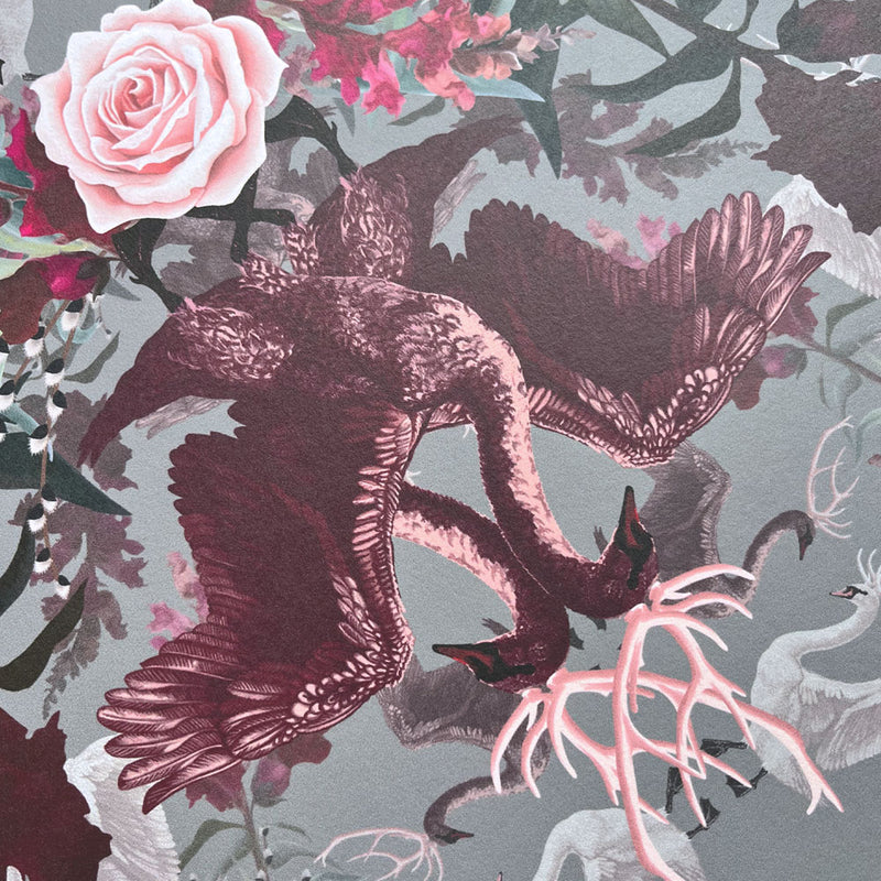 Patterned Wallpaper with Swans in Hot Pink by Designer, Becca Who